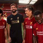 The new Liverpool's home kit for the 2019/2020 season Red with thin vertical stripes, made by New Balance