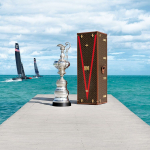 The travel case (containing a replica) made by Louis Vuitton to carry the FIFA  World Cup Trophy, during a press presentation held at the Louis Vuitton  headquarters in Paris, France on June