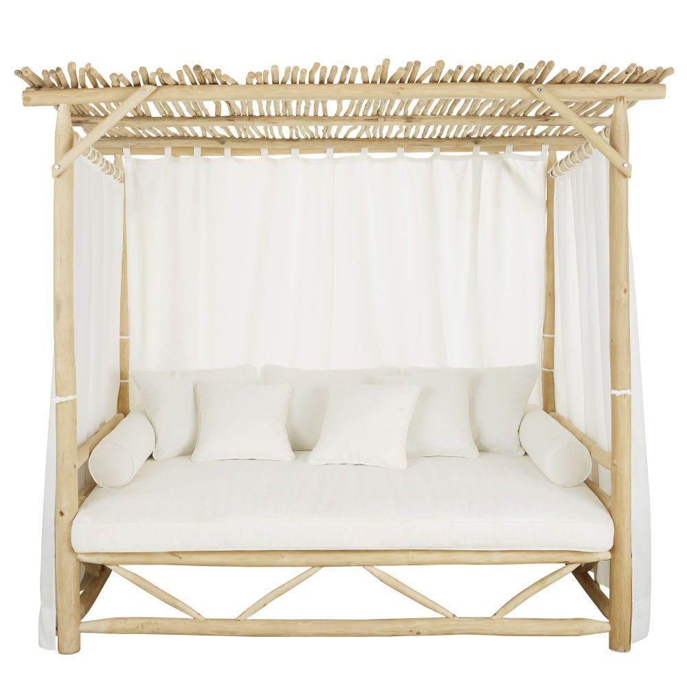 Maisons du Monde Letto a baldacchino in rami di teak sbianchiti e tela écru