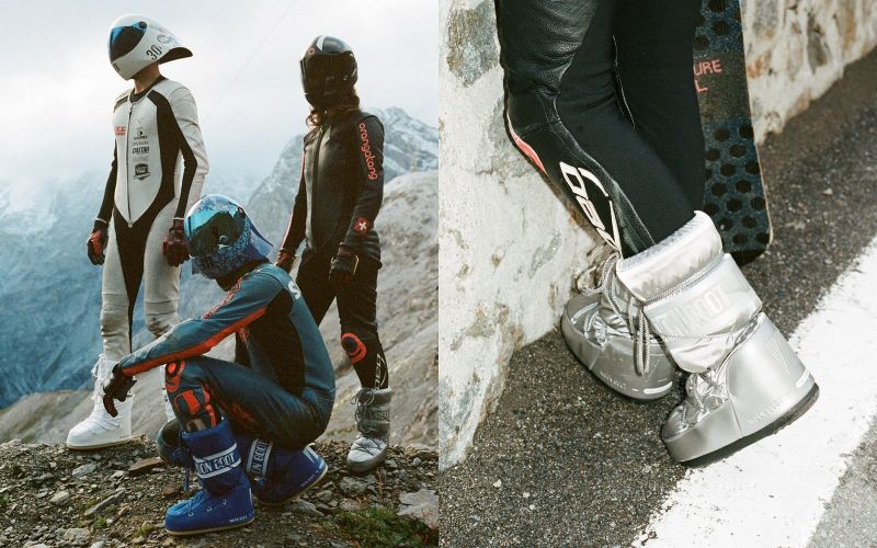 The Moon Boot icons ride on skateboards for the FW21 campaign