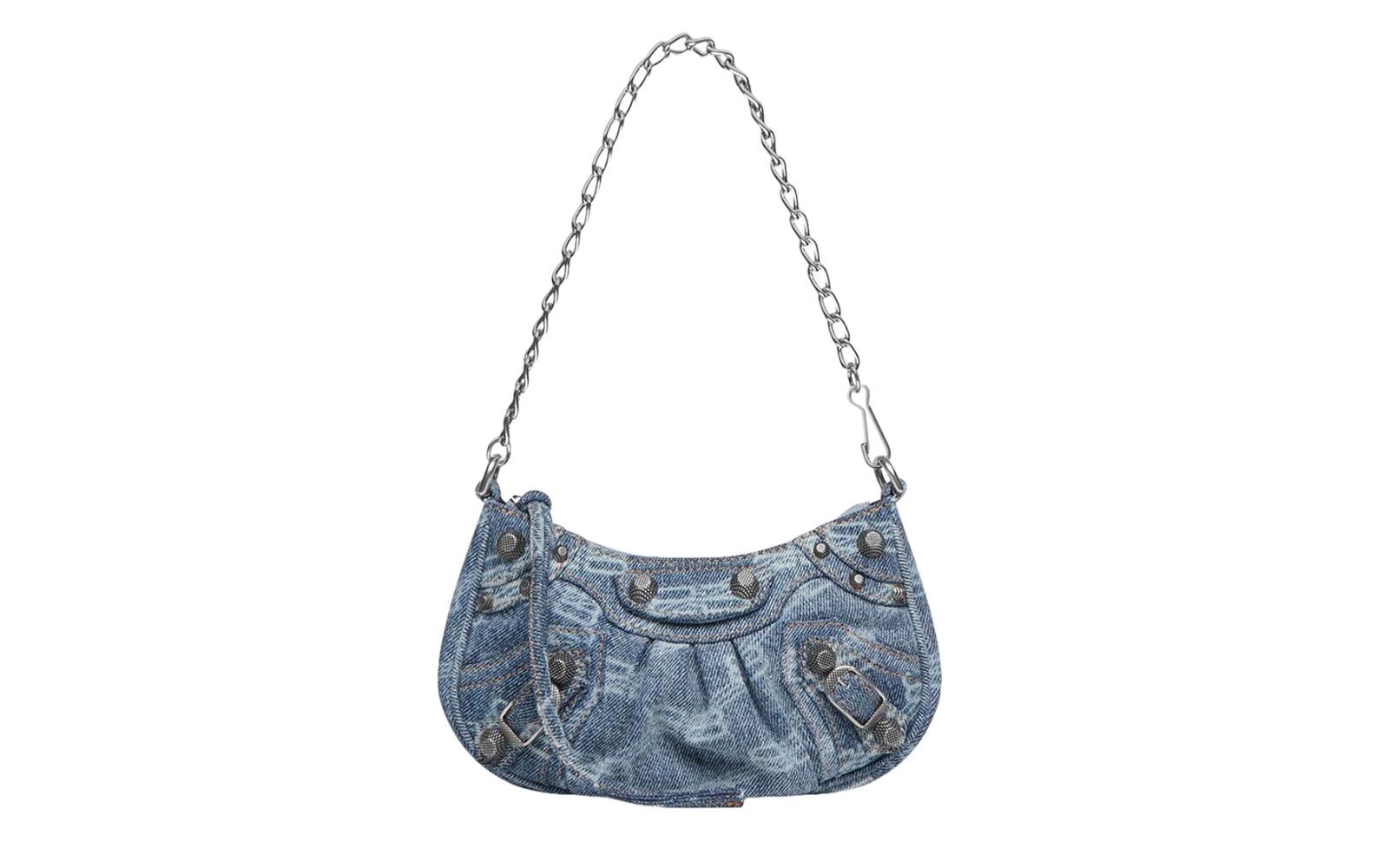 BALENCIAGA Le Cagole Mini Purse With Chain in blue BB Monogram bleached denim