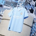 Manchester city new home kits for 2023-24 premier league. made by nike.  shirt sponsor etihad airways, sleeve sponsor bosch. full kit