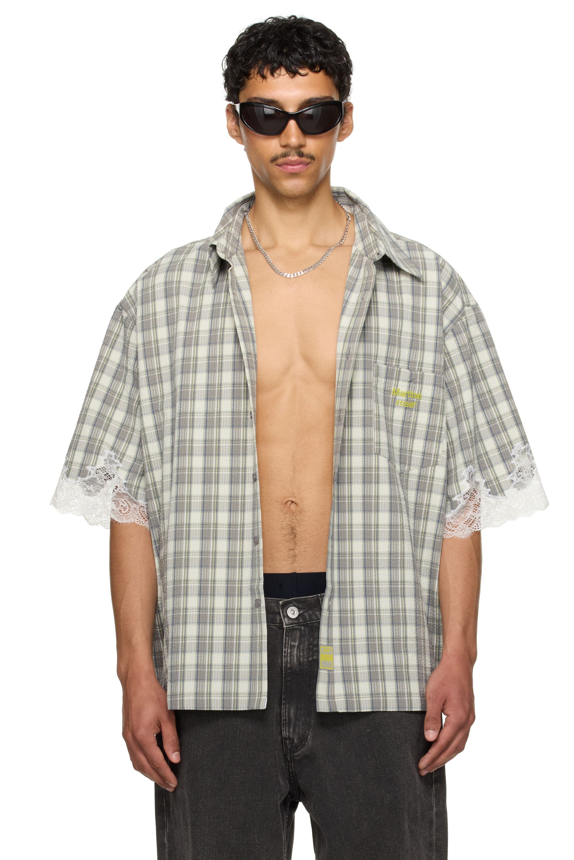 Martine Rose Surchemise grise à garnitures en dentelle exclusive à SSENSE