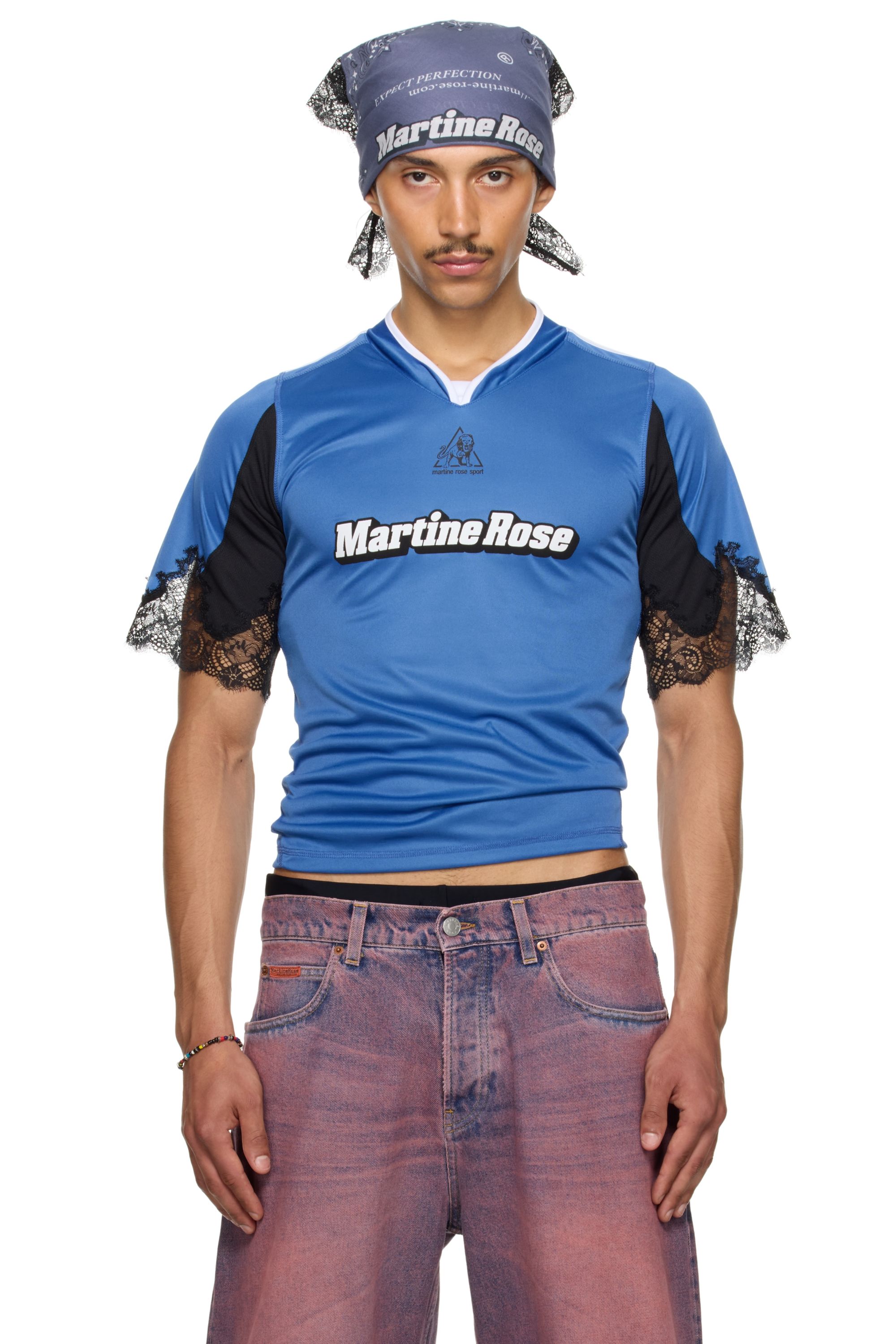 Martine Rose Maillot de soccer bleu à garnitures en dentelle exclusif à SSENSE