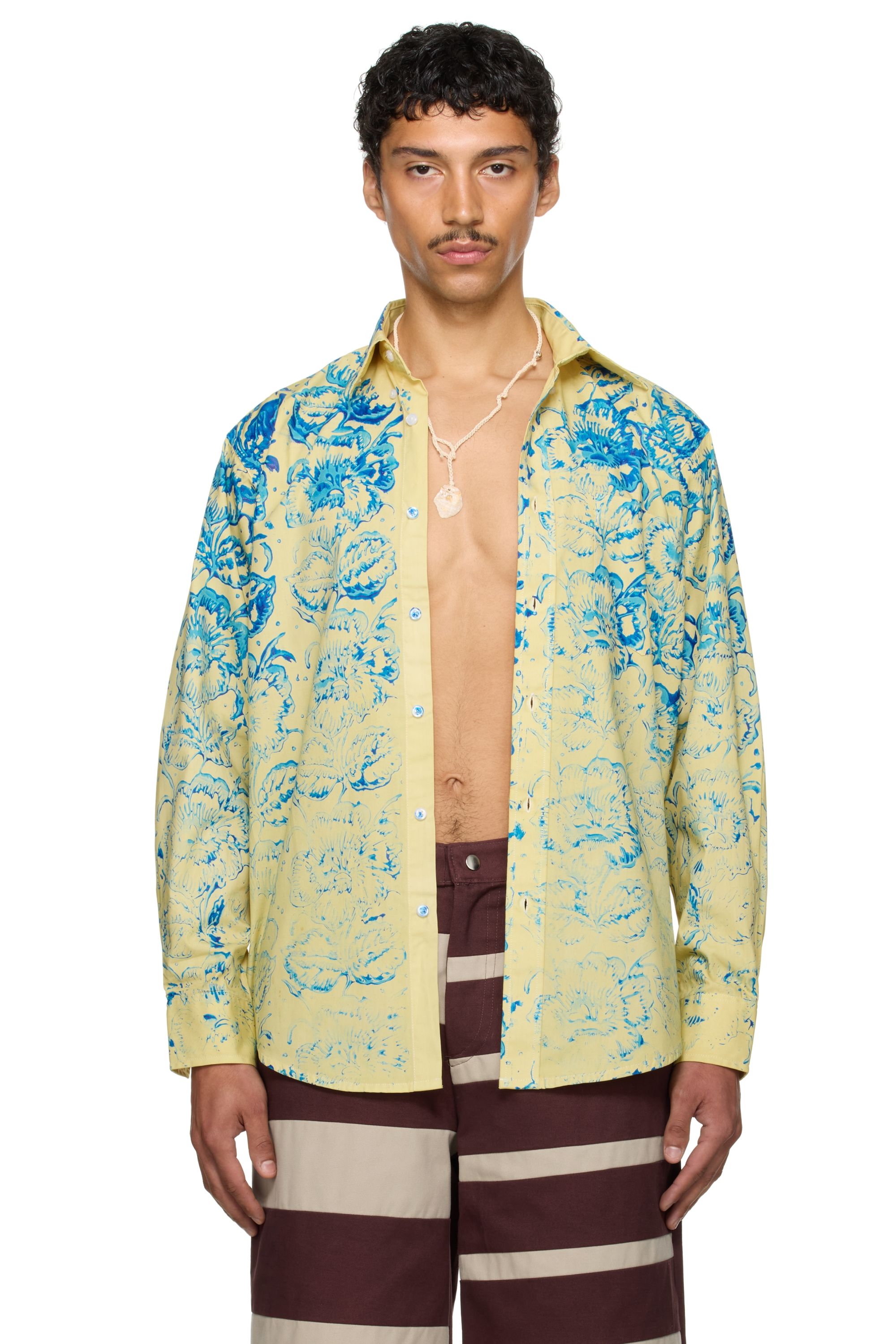 Stanley Raffington Chemise jaune et bleu à motif fleuri imprimé exclusive à SSENSE