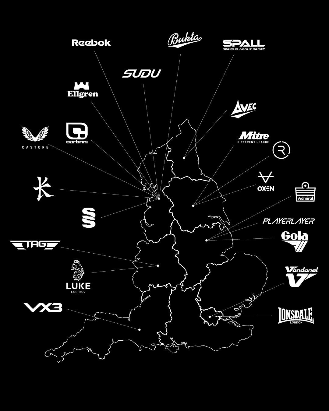 The map of English sportswear brands From London e Manchester to Leicester and Nottingham