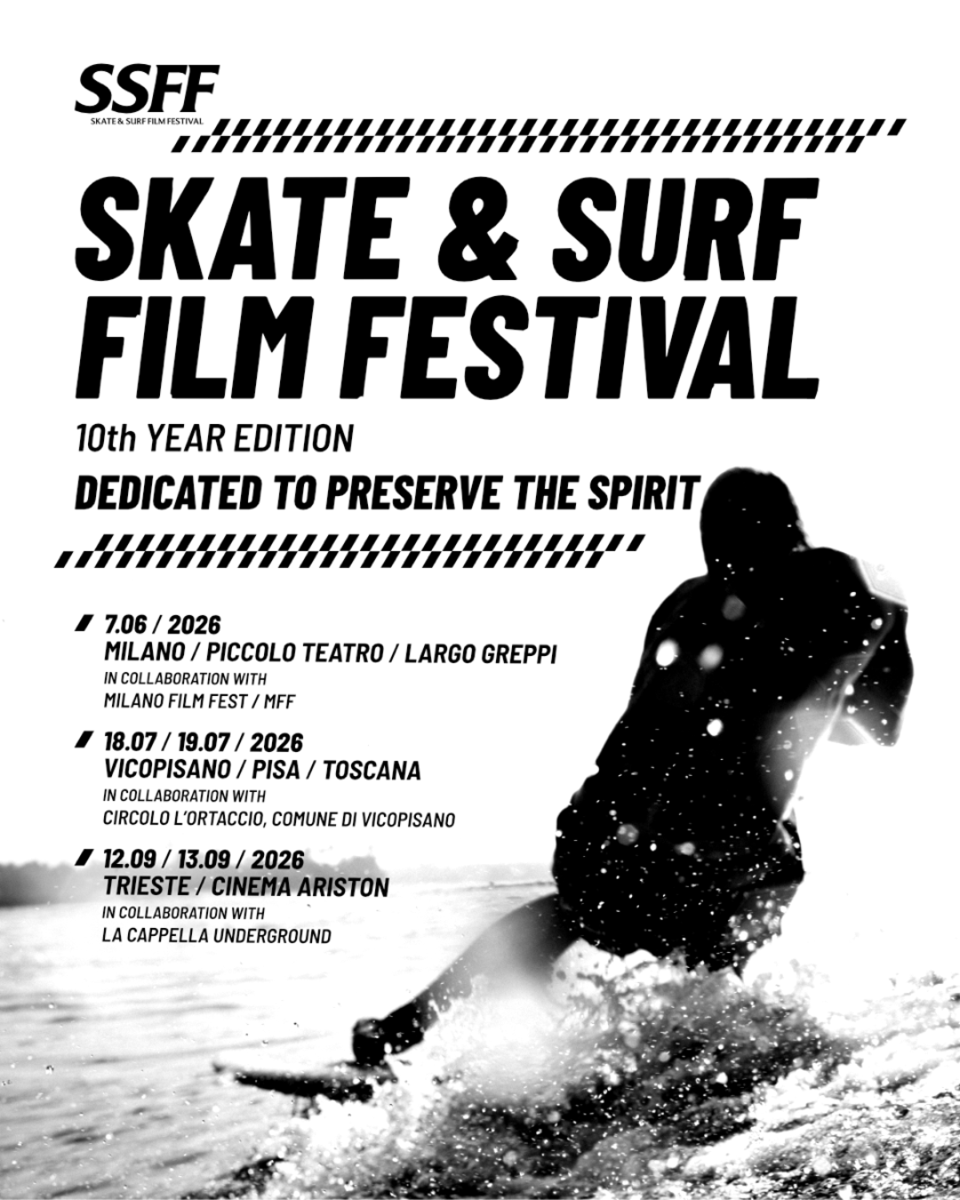 The Skate & Surf Film Festival celebrates its 10th anniversary with a traveling edition The festival will take place in Milan, Vicopisano, and Trieste